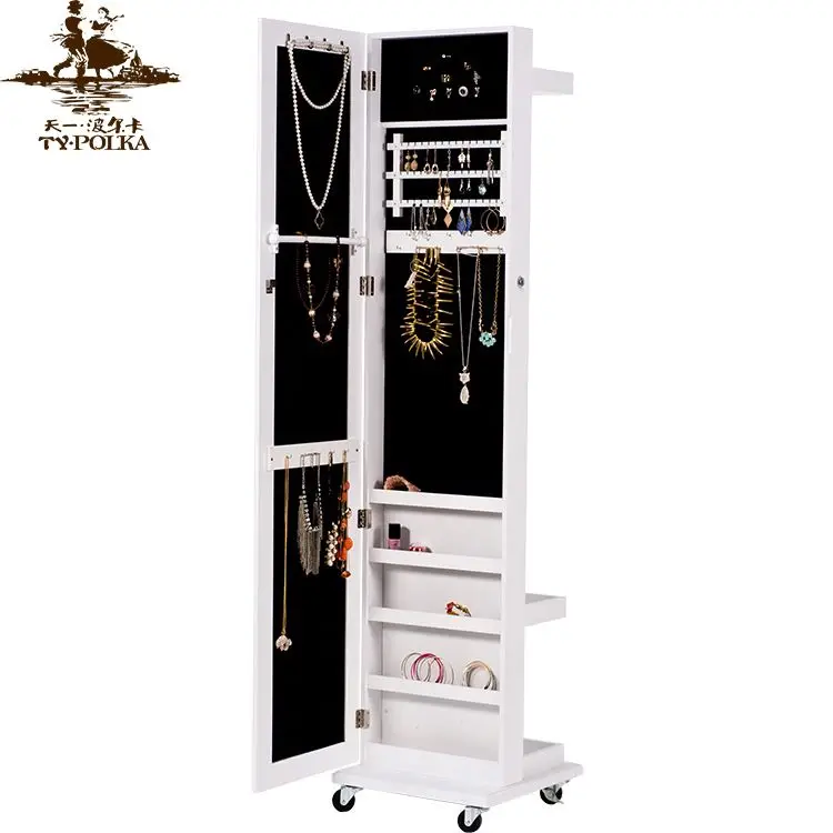 
High Glossy Full Length Rotating Tall Mirror Jewelry Cabinet 