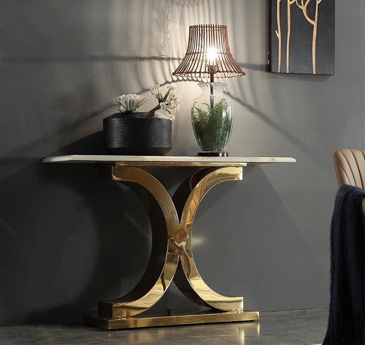 Роскошная современная мебель для гостиной с мраморным верхом, настенный стол из нержавеющей стали золотого цвета (62152910756)