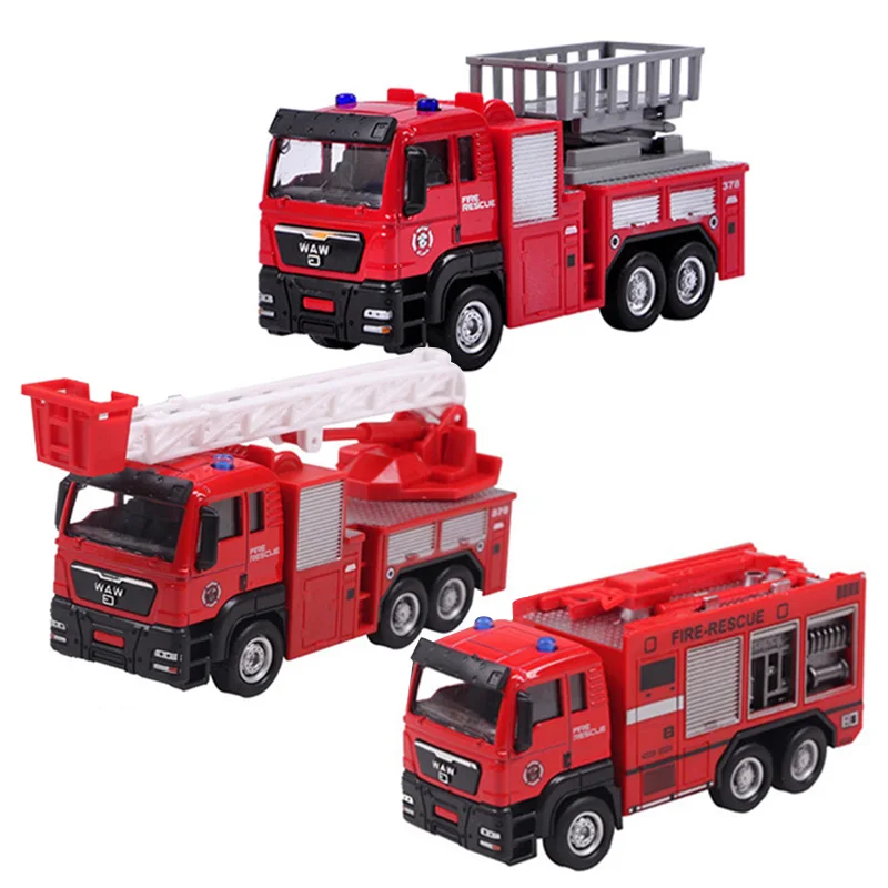 Diecast Toy Vehicles Fire Engine Transport Truck 1:55 Pull Back Fire Water Cannon Ladder Truck Rescue Cars Toy Gift for Kids
