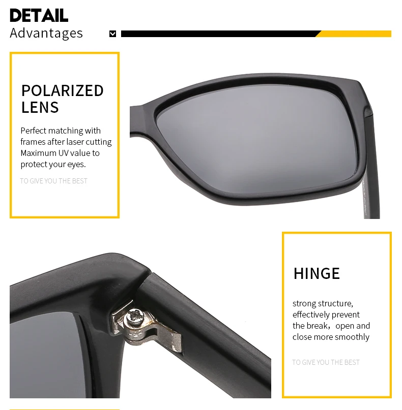 JHeyewear UV400 Square Black Mens Women Plastic Polarized Carbon Fiber Sun Glasses Sunglasses 2019