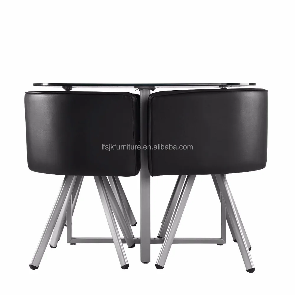 
Dining Table and 4 Chairs Set Round black Tempered Glass Space Saving Dining Room Sets 
