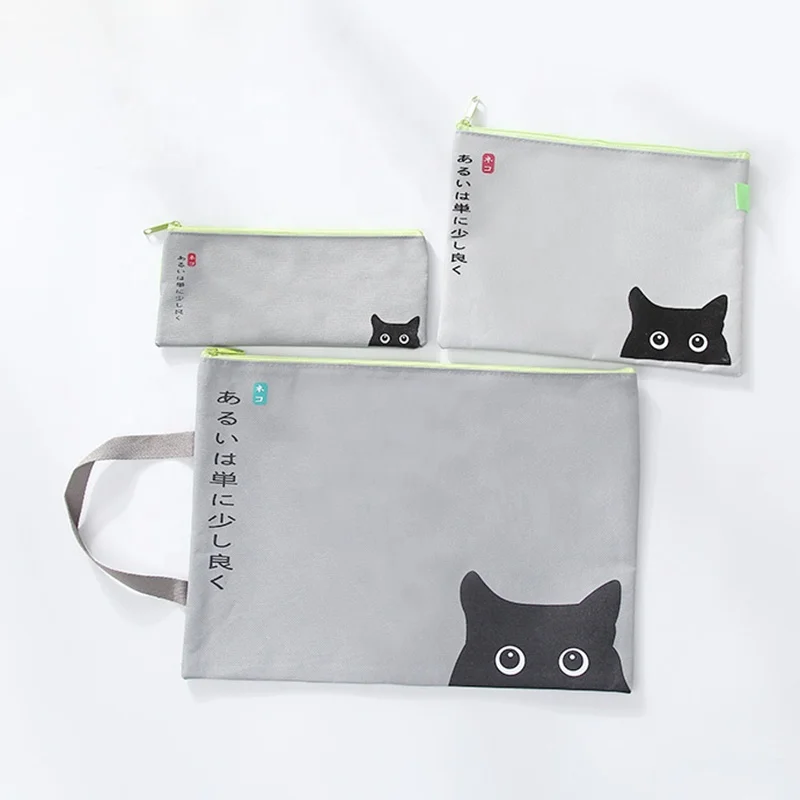 Wholesale A4 office promotion cat small zipper file tote black pencil case with logo
