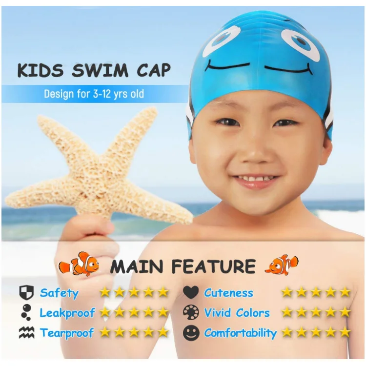 Start Smart Kids Fun Waterproof Custom Silicone Swim Cap for Boys and Girls