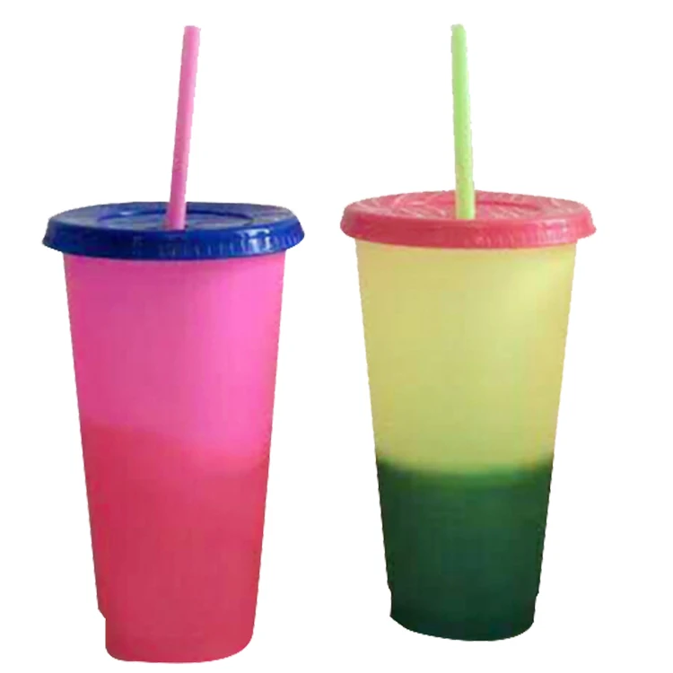 12/16/24OZ BPA free Custom silkscreen logo plastic cup with straw cold coffee color changing tumble