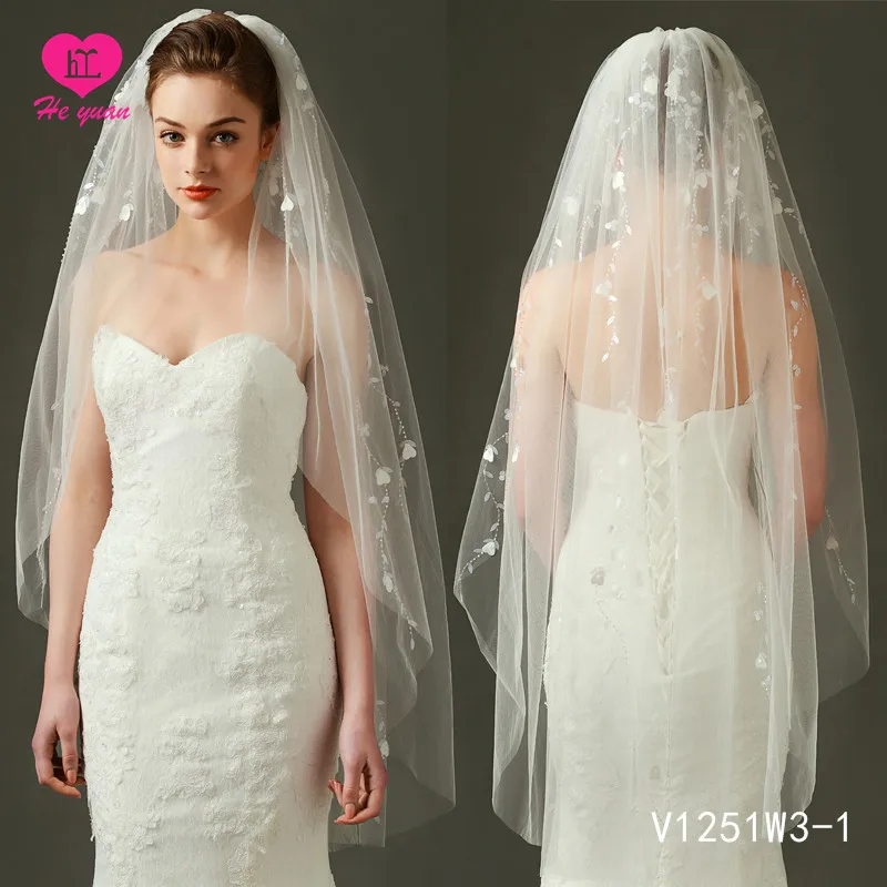 
V1251W3-1 Elegant beaded bridal veil factory hot sale fingertip 