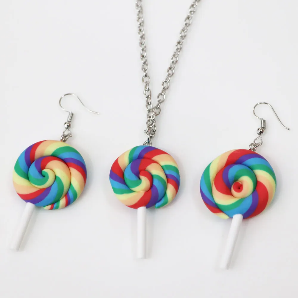Lovely Colour Lollipop Earring Necklace Jewellery Handmade Polymer Lollipop Swirl Candy Cane Earring Necklace Set