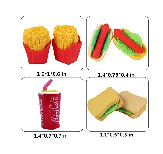 Ластики на тему нежелательной еды, имитация фаст-фуда, резиновый набор, 5 цветов на заказ
