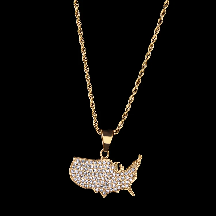 Мужская подвеска в стиле хип-хоп с золотой отделкой в виде карты Америки, ожерелье со стразами, длинная цепь для тенниса, очаровательные украшения в стиле панк 2019