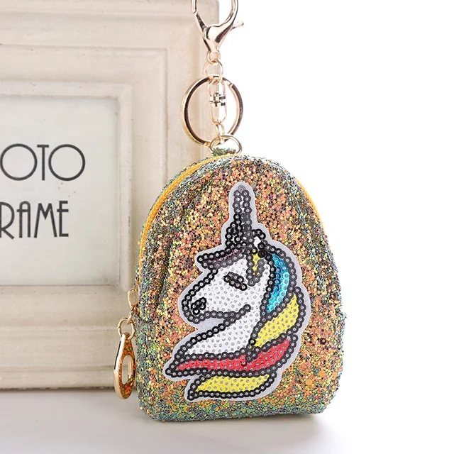 
Wholesale suquin coin pouch cute keychain ladies fashion accessories keychain Glitter unicorn coin purce bag keychain 
