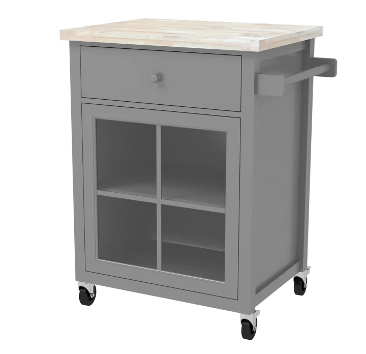 Grey Rubber Wood Top Serving Trolley Wooden Kitchen Island Cart, Kitchen Utility Cabinet with Pine Wood Legs