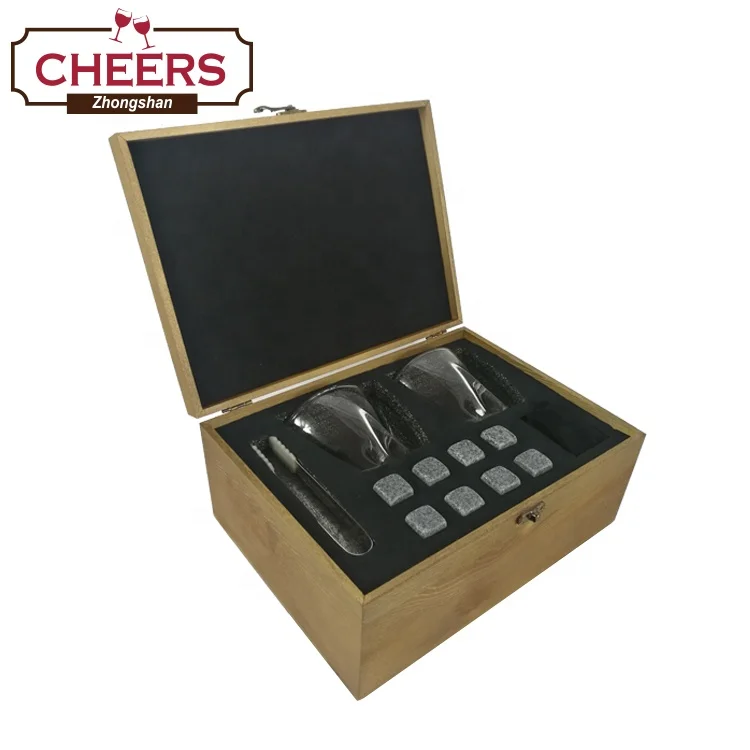 Premium Whiskey Stones and Whiskey Glasses Gift Boxed Set, 8 Granite Chilling Whisky Rocks with Ice Tong and Pouch in Wooden Box