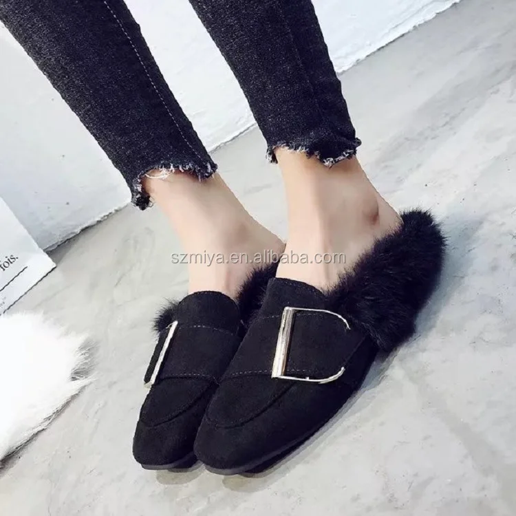 Wholesale women Flats casual Shoes fur loafer leather Mules Shoes Women