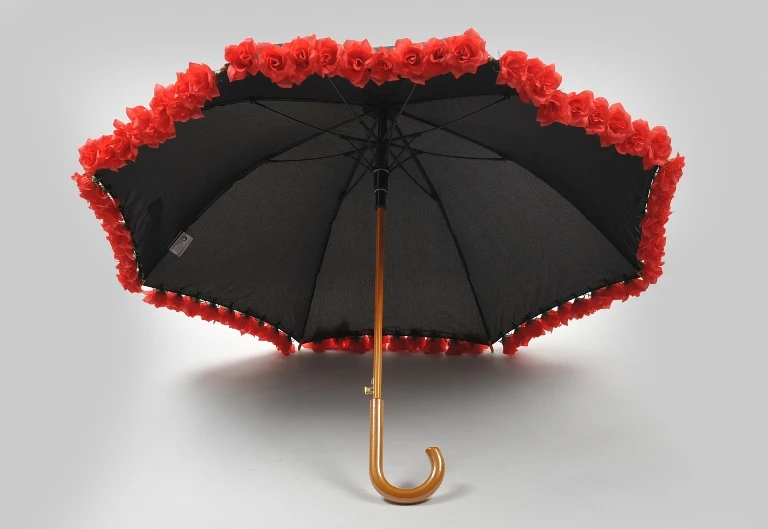 Red Rose Flowers Edge Straight Wooden Umbrella For Woman