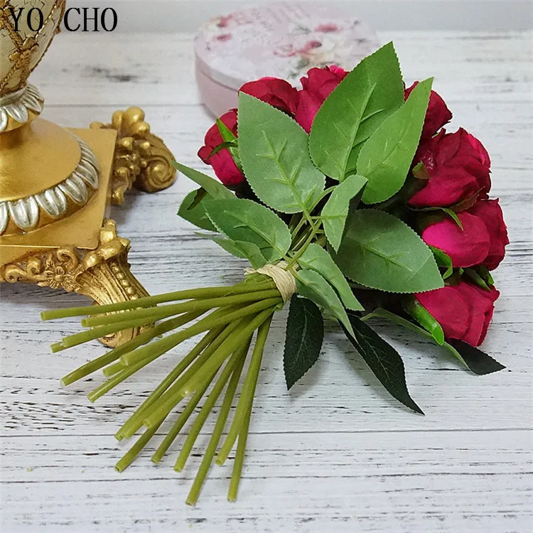 Artificial  wedding flowers home decoration cheap artificial red rose flower high quality silk rose flower bunch rose