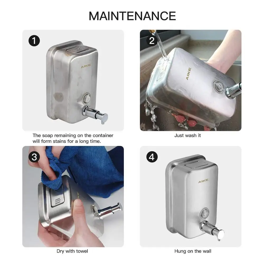 AIKE AK1001 Wholesale Manufacturer Bathroom Wall Mounted Stainless Steel Liquid Hand wash Soap Dispenser 500ml kitchen kids