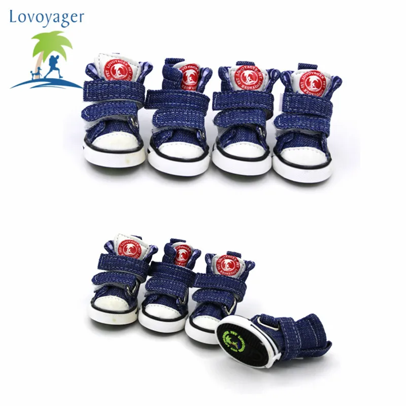 LOVOYAGER wholesale pet accessories canvas fabric dog shoes non slip blue jean dog sneakers dog boots