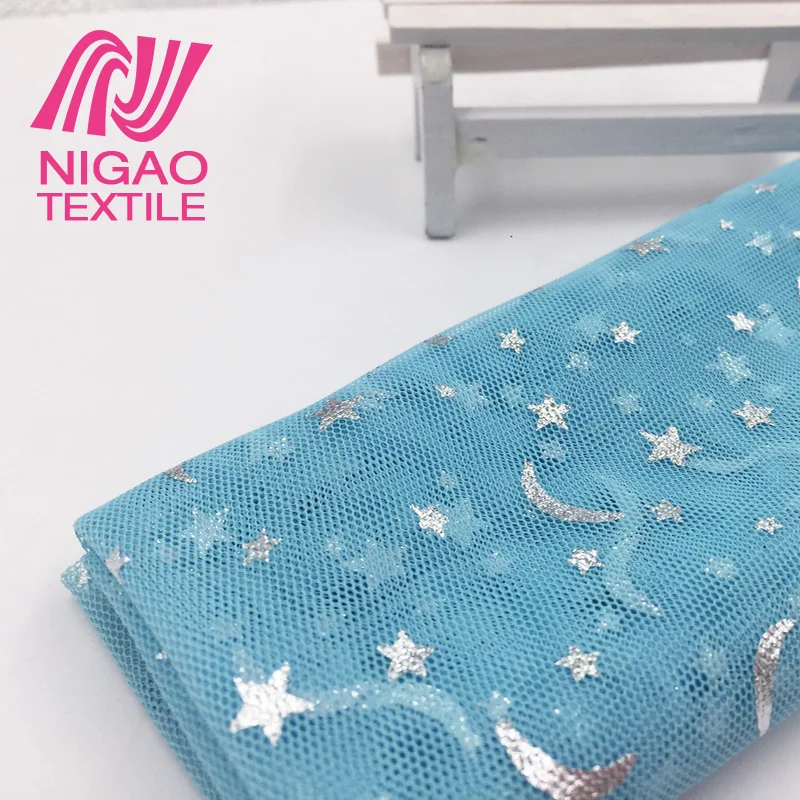 China factory Moon star pattern glitter 100 polyester mesh fabric