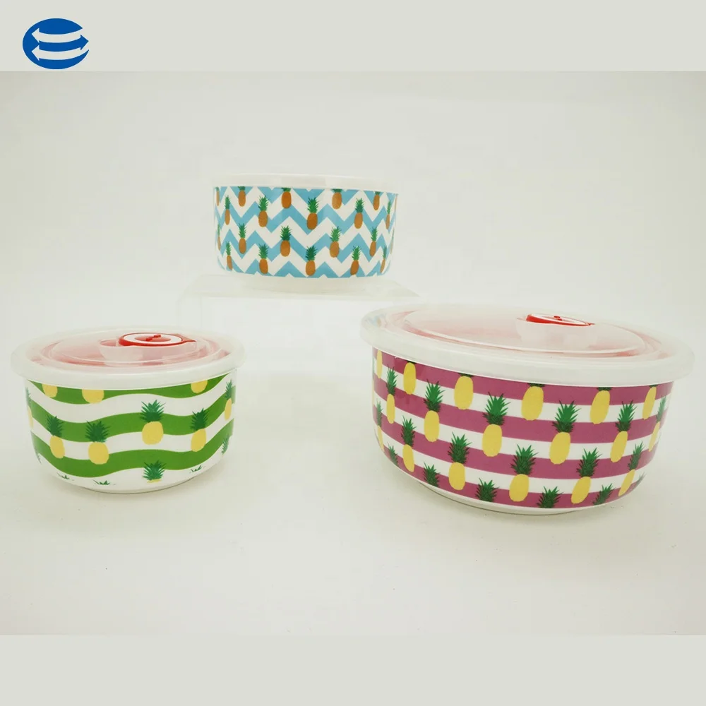 
Hot sale set of 3 ceramic round fresh bowl porcelain Soup Bowl Fruit lunch box With Cover 