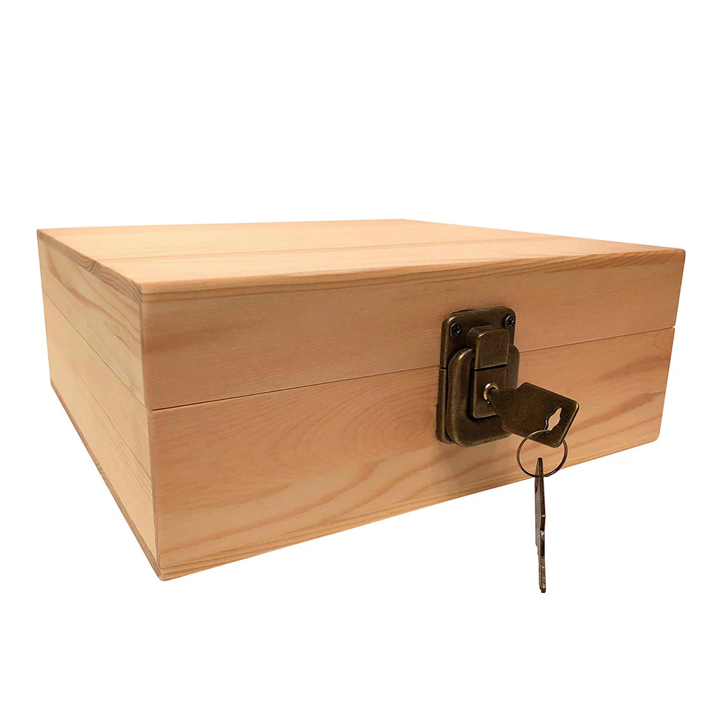 
hardwood natural color wooden box with hinged lid 