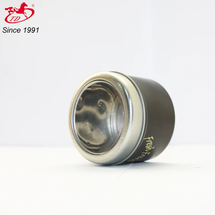 
round small tin box / mini tin jar with window 