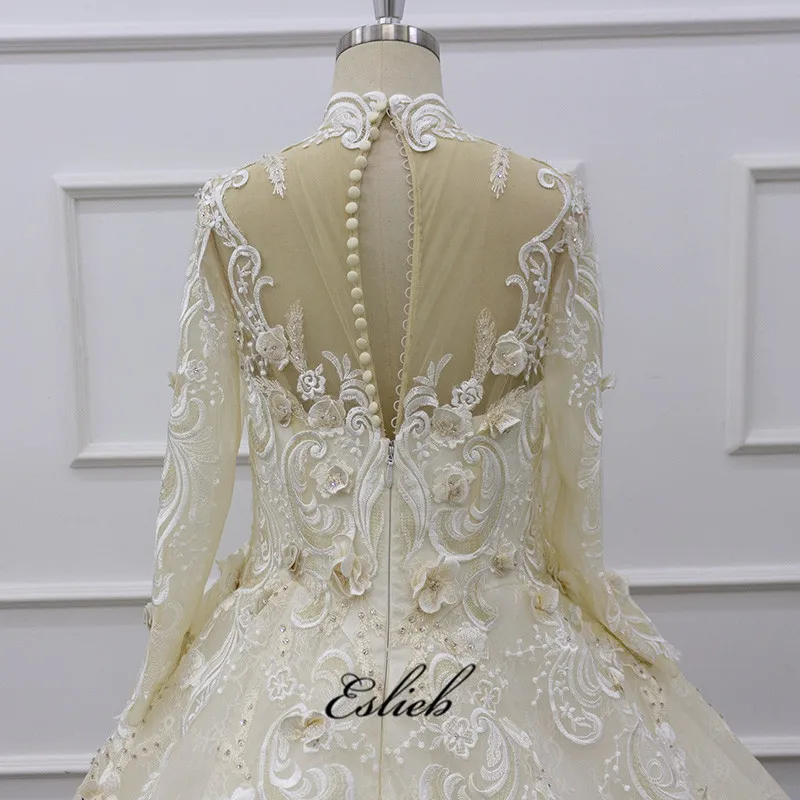 Eslieb SJ196 real photo high neckline champagne heavy beaded  lace pearl lace embroidered muslim  wedding dress