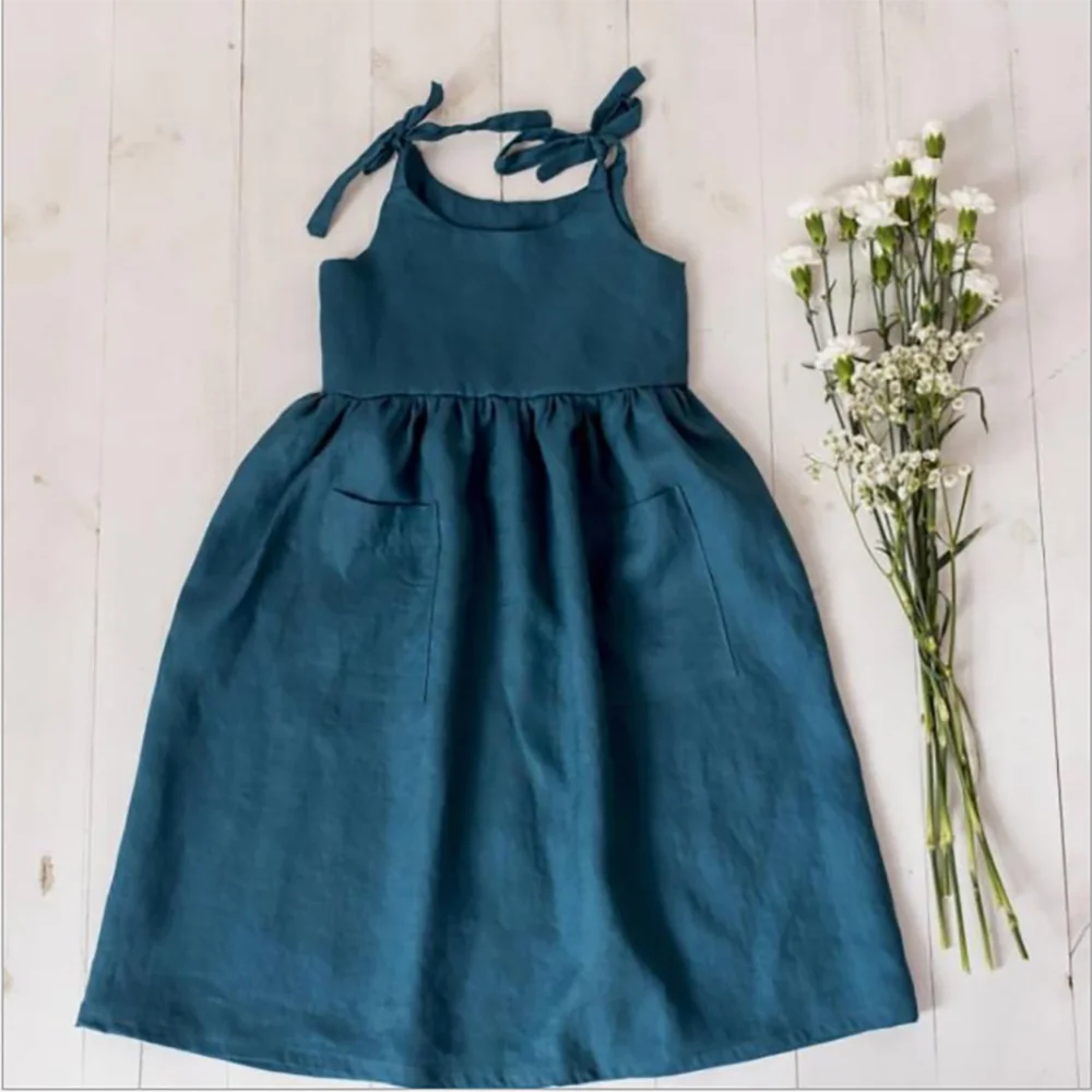
Linen girl summer pure color maxi dress kids boutique clothes party dresses 