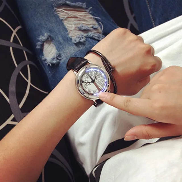 Creative Personality Leather Waterproof LED Watch Men And Women Couple Watch Smart Electronics Casual Watches