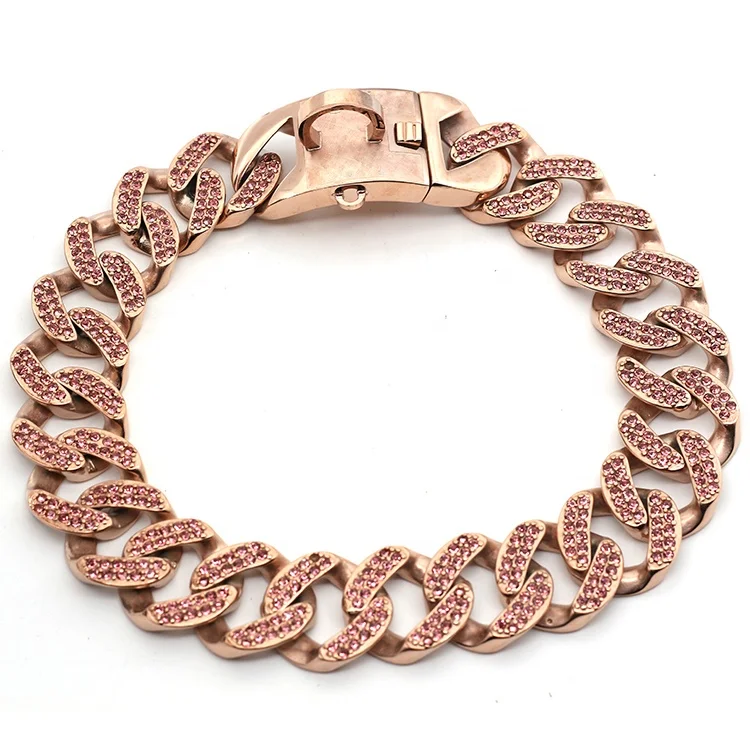 ODM или OEM, ошейник из розового золота со стразами для женщин из нержавеющей стали 316L, тренировочный ошейник с пряжкой, цепочка для собак с розовыми бриллиантами