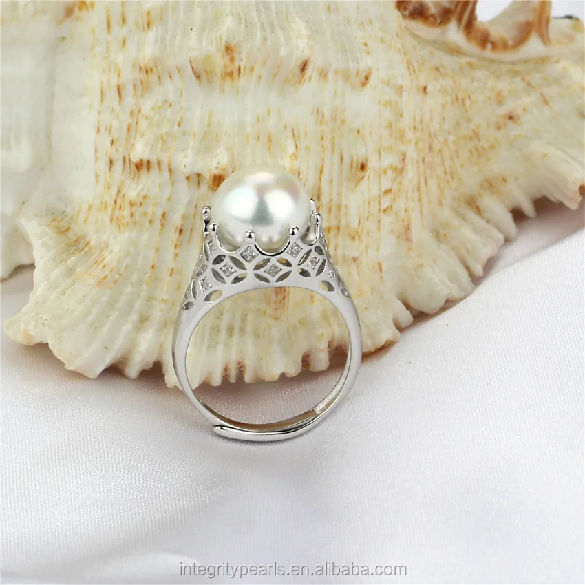 
crown shape open size red zircon 925 sterling silver real pearl ring 