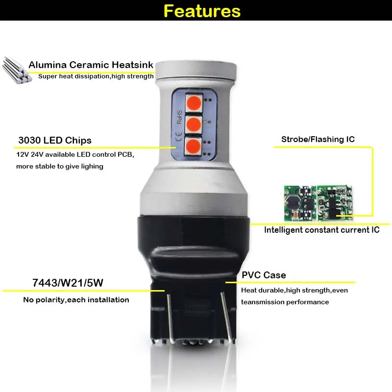 
7443 Strobe Flashing Featured Red 1157 3157 T20 LED Replacement Bulbs For Car Brake Tail Lights 
