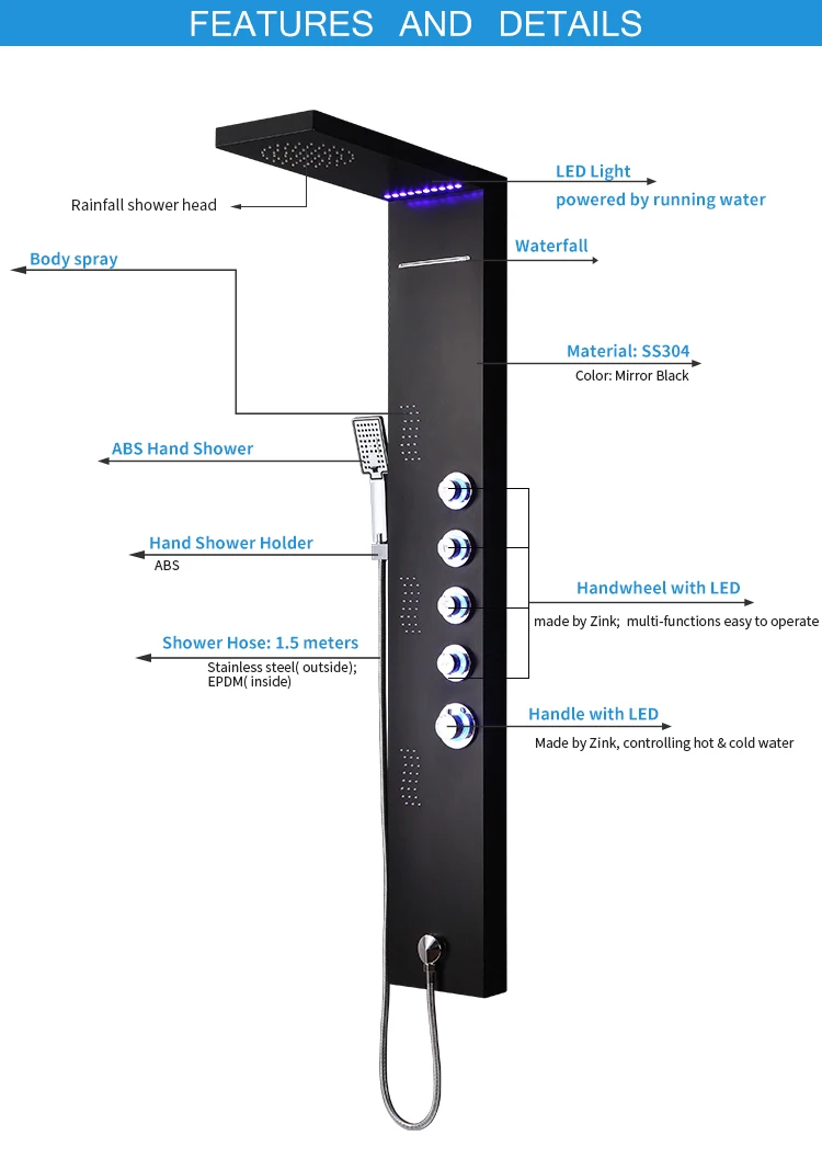 European matte stainless steel thermostatic wall-mounted massage shower shower panel