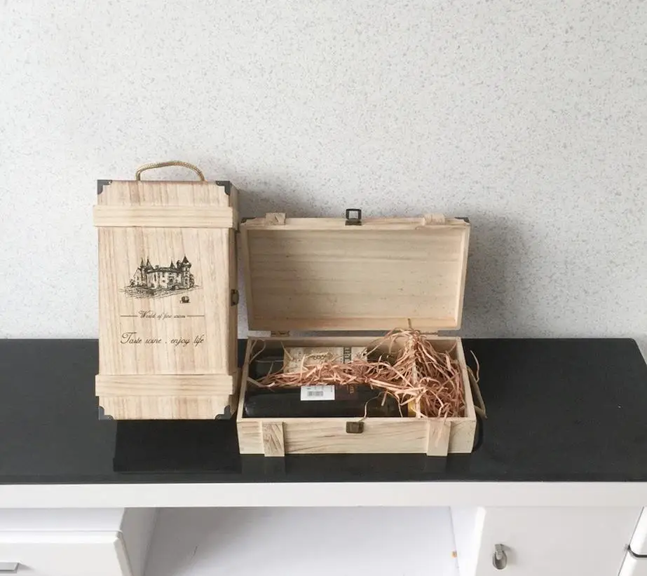 Vintage Handmade Wood Wine Box Holder for 2 Bottles With Handle Wine Gift Box