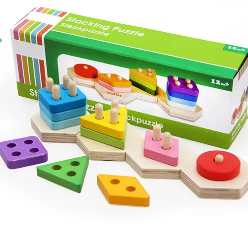 YF-Z6009 colorful wooden educational preschool toddler toys geometric shape color sorting puzzle stacking blocks toy