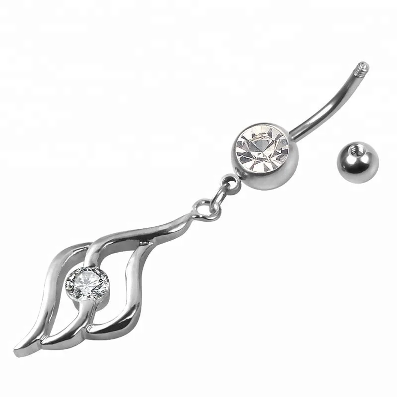 Stainless steel double gem belly button navel ring jewelry with pendant