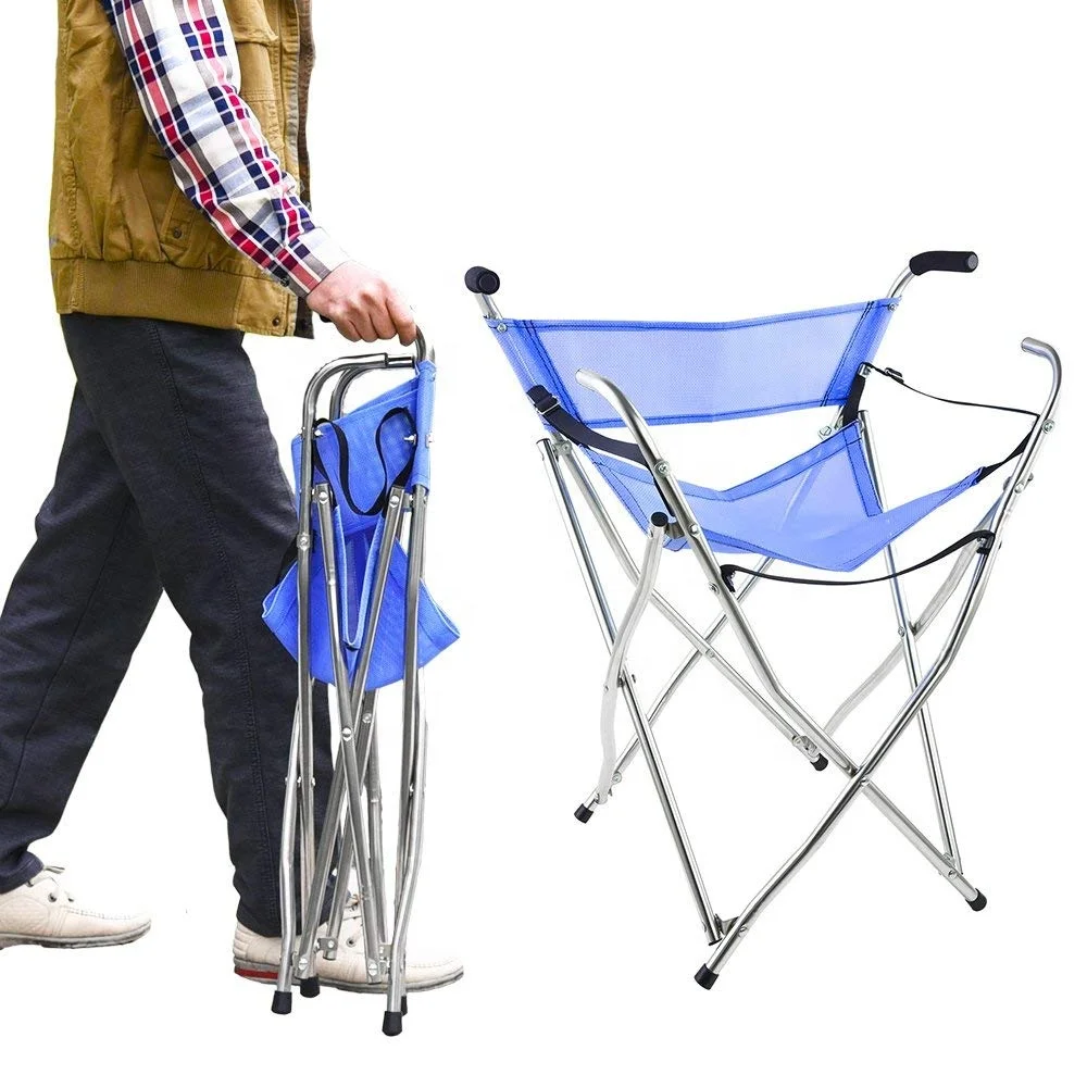 Folding Cane Chair Portable Walking Stick with Stool Camping Hiking Quadripod Seat