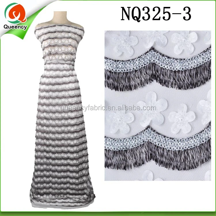 NQ325 Queency High Quality Wholesale Handcut Bridal 3D Flower French Tulle Lace Fabric with Tassel