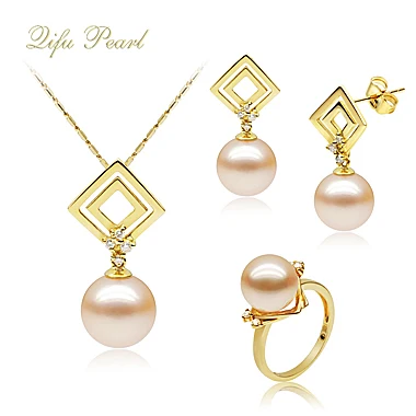 
Wedding 18K 750 yellow gold Pink Freshwater Pearl Sets jewelry factory wholesale 