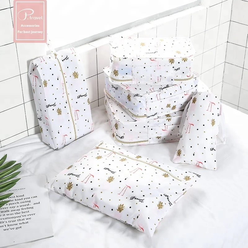 fashion zippper unisex Portable Waterproof Compression Polyester Travel Makeup Laundry 6 Pcs Packing Cubes