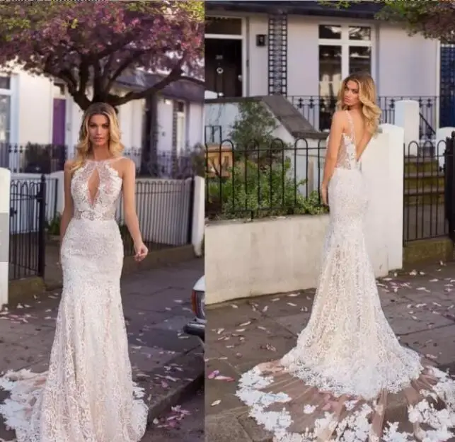 Sleeveless Sexy Wedding Gown Robe de mariage 2021 Transparent Open Back Mermaid Bridal Gowns Lace Custom Wedding Dresses