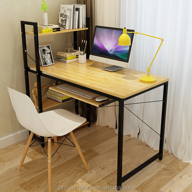 Wood computer desktop with metal frame home office furniture study writing table desk organizer shelf