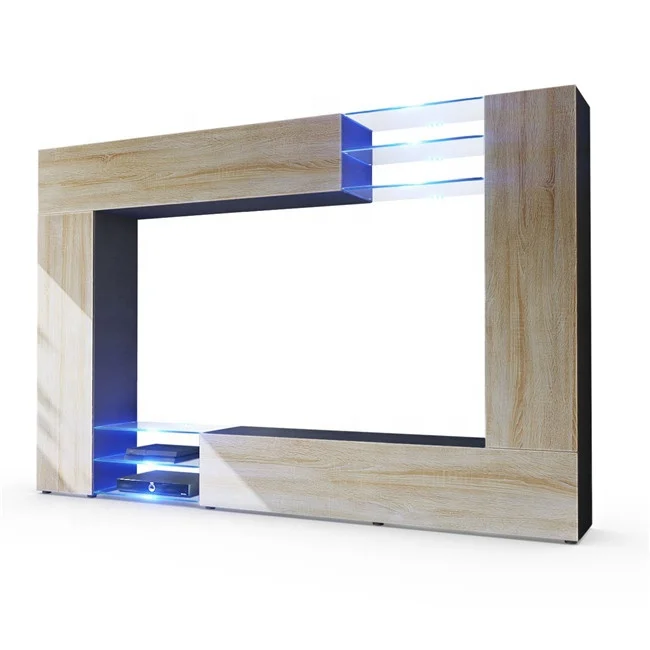 High Gloss Led lighting Glass Shelves Wooden  Living Room Cabinet Tv Bench with 2 Flaps for Apartment