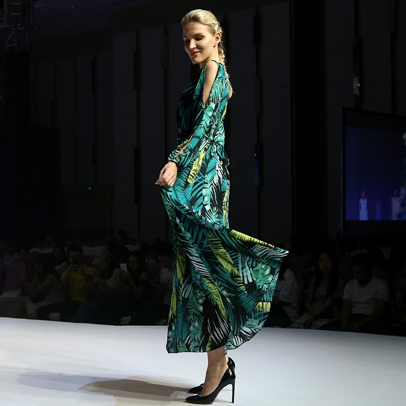 Dresses Print Summer Casual Sleeve Woman Full Natural OEM Service Floral Print  Adults Chiffon Maxi Green long dress women