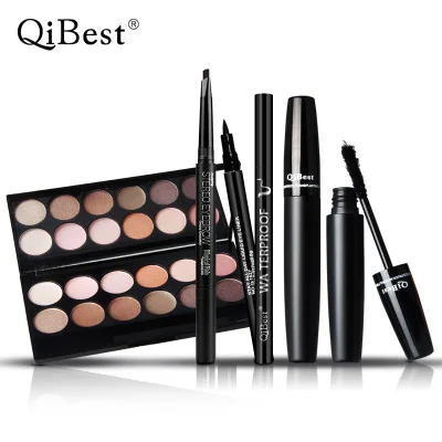 QiBest Eyes Makeup Kit 12 Colors Eyeshadow Eyebrow Pencil Liquid Eyeliner 3D Mascara Combination Makeup Set Professional