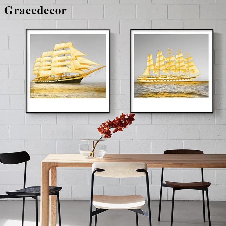 Gold Crystal Luxury Ship And Sea Painting Sail Ship Art Painting