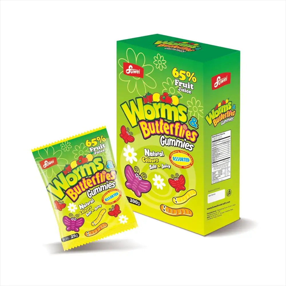 65% fruit juice natural color gummy worms candy, sour gummy worms
