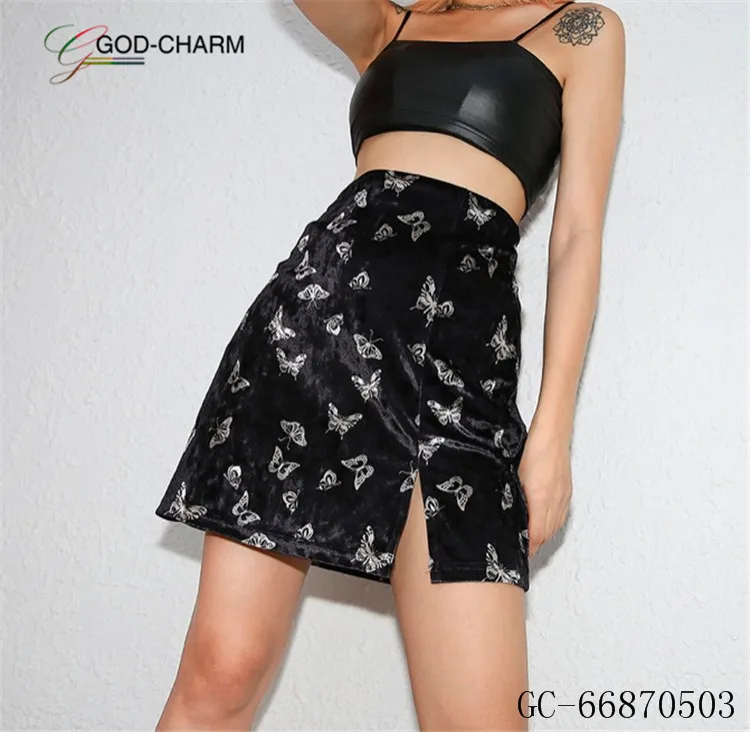 GC-66870503 Wholesale Women High Waist Velvet Pleated Skirts New Fashion Velvet Black Short Sexy Skater Skirt