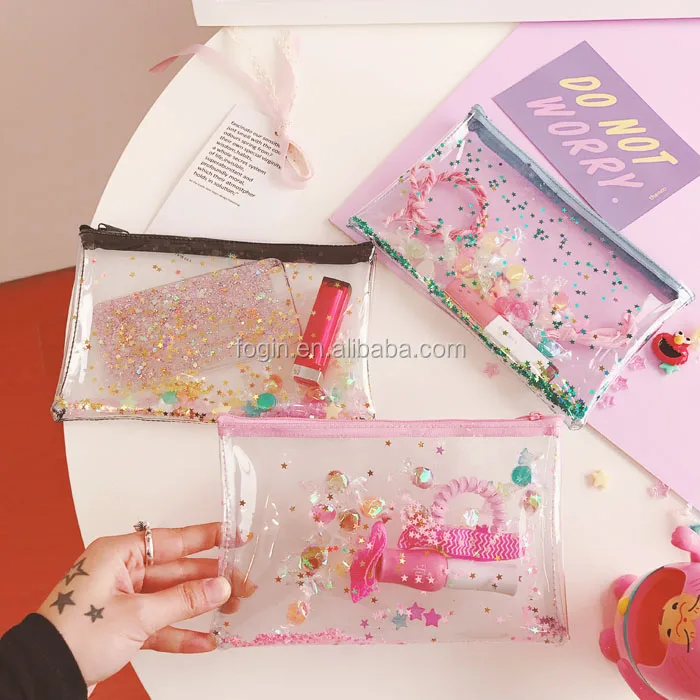 Light Pink Stars Transparent Wallet Clear Zipper Cosmetic Bag PVC Purse Organizer Bag Glitter Bag