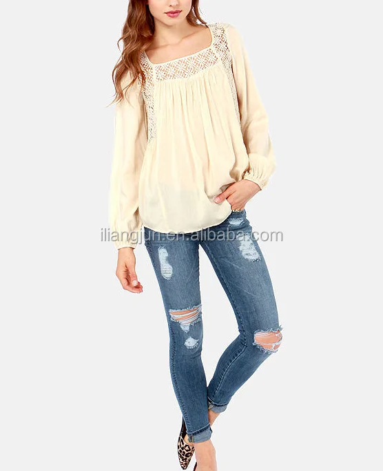 Square neck embroidered lace long puff sleeve flowing top