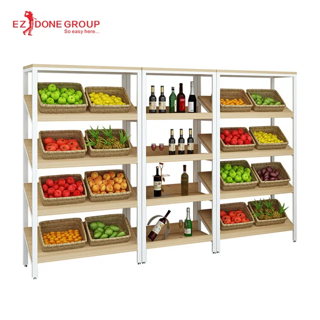 
Modern grocery display shop bevel shelves steel and wood 