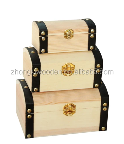 Cheap solid wood finished antique wooden treasure chest jewelry box with lock